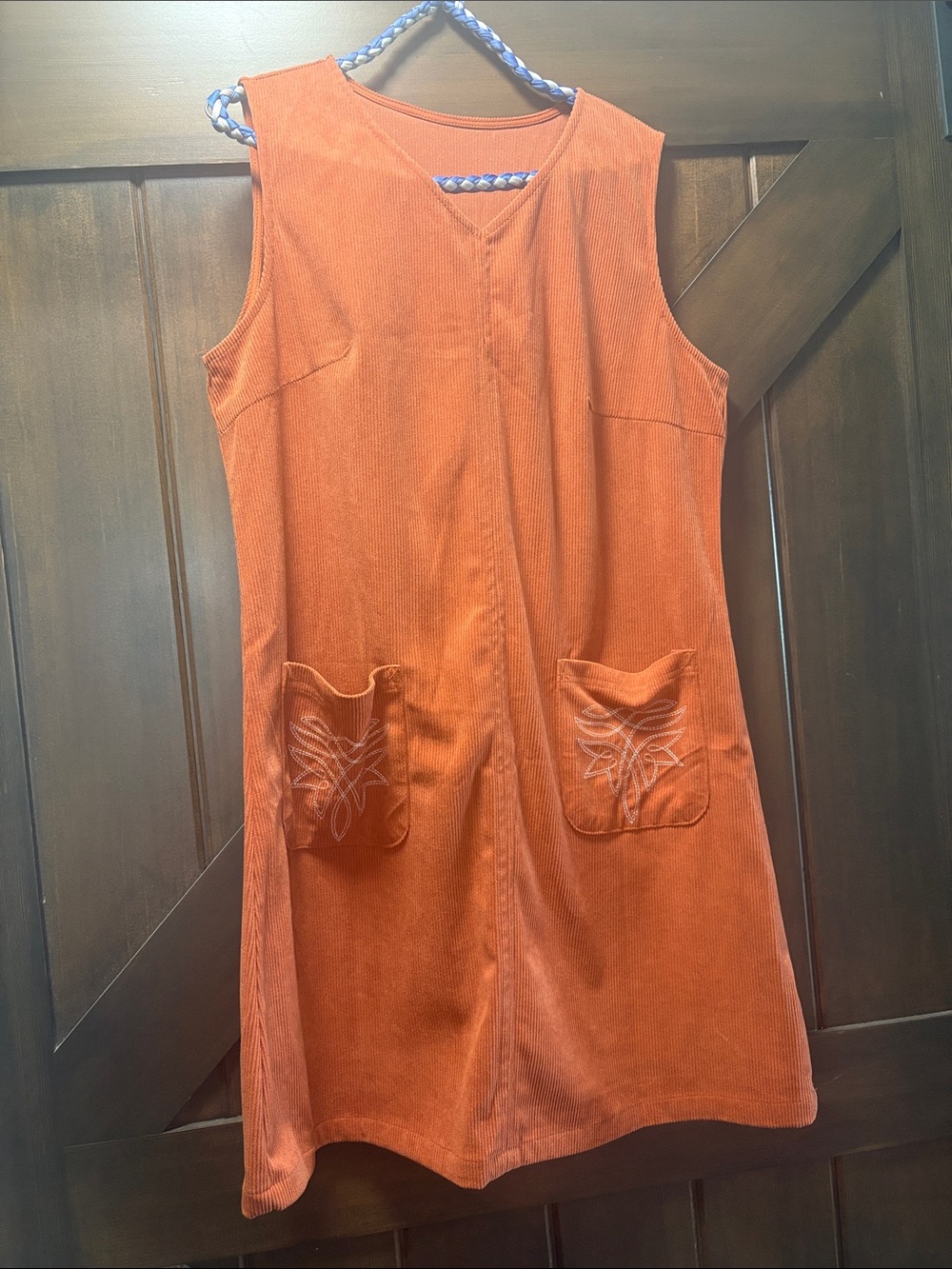 Women's Sleeveless Corduroy Dress - Rust Orange with Bootstitch detail pockets